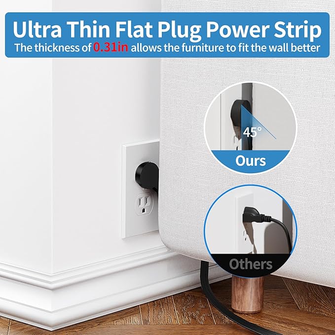 Flat Extension Cord 10 ft, NTONPOWER Ultra Thin Flat Plug Power Strip with 4 USB Ports & 3 Outlets, Wall Mountable, Desktop Power Strip, Compact for Home Office, Travel, Dorm Room Essentials, Black