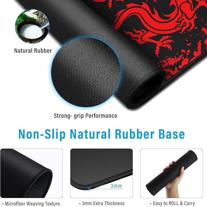 JIALONG Gaming Mouse Pad Large Size 35.4x15.7 inches Extended Desk Mousepad with Personalized Design for Laptop, Computer PC - Red Dragon