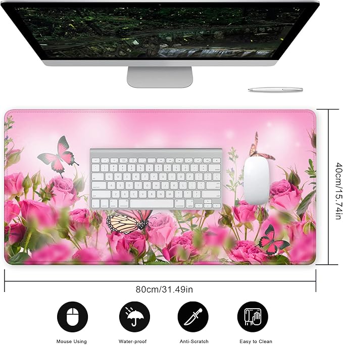 Desk Mat,Spring Pink Rose Floral Butterfly Mouse Pad Large Gaming for Desk,Non-Slip Rubber Base Mousepad,31.5x15.7 Inch for Office Home Work & Game