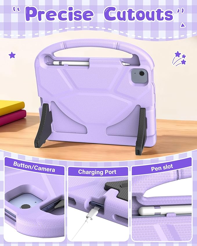 Kids Case for iPad A16 11th Gen 11-Inch 2025 & iPad 10th Generation (10.9" 2022), Durable Shockproof Fully-Body Cover with Screen Protector/Pencil Holder/Stand/Handle for Kids, Light Purple