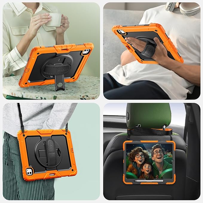 SEYMAC Case for iPad Pro 13 Inch M5 2025 / M4 2024, Heavy Duty Shockproof Protective Case with Screen Protector, 360° Rotating Stand, Hand/Shoulder Strap and Pen Holder, Orange