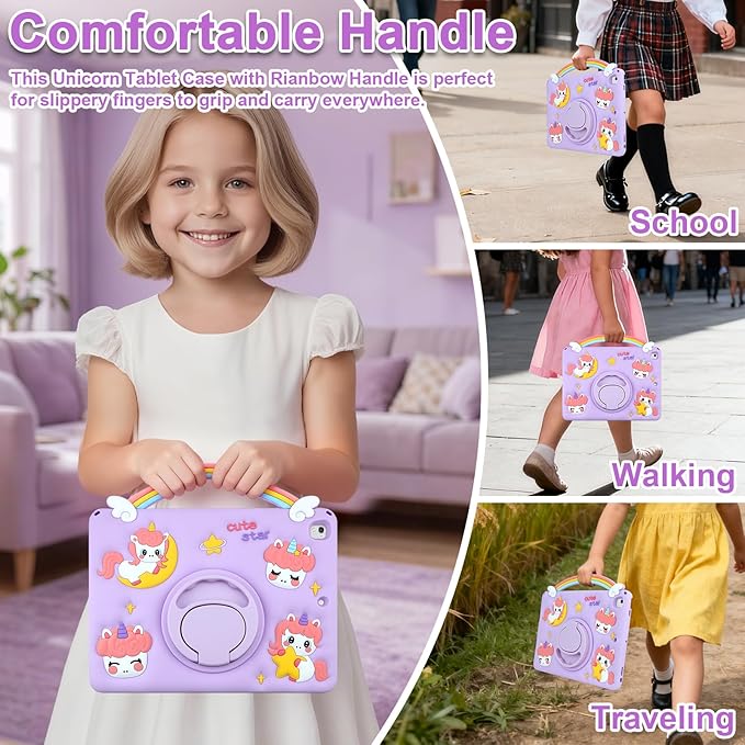 HianDier for iPad 5th/6th Generation Case, for iPad Air 1st/2nd Gen, for iPad Pro 9.7 Inch Case Kids Girls Cute Unicorn with Rainbow Handle Detachable Lanyard Shockproof Protective Cover-Purple