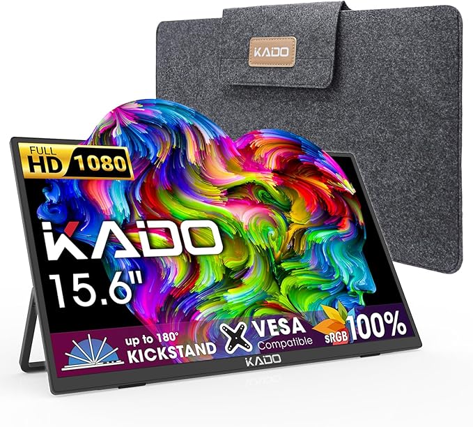 Kado 15.6" FHD Portable Monitor for Laptop, 100% sRGB Second Display IPS 1920x1080 HDMI USB-C Laptop Screen Extender, Carrying Sleeve 180° Kickstand for PC, Mac, Dex, Tablet, Xbox, PS4/PS5, Switch
