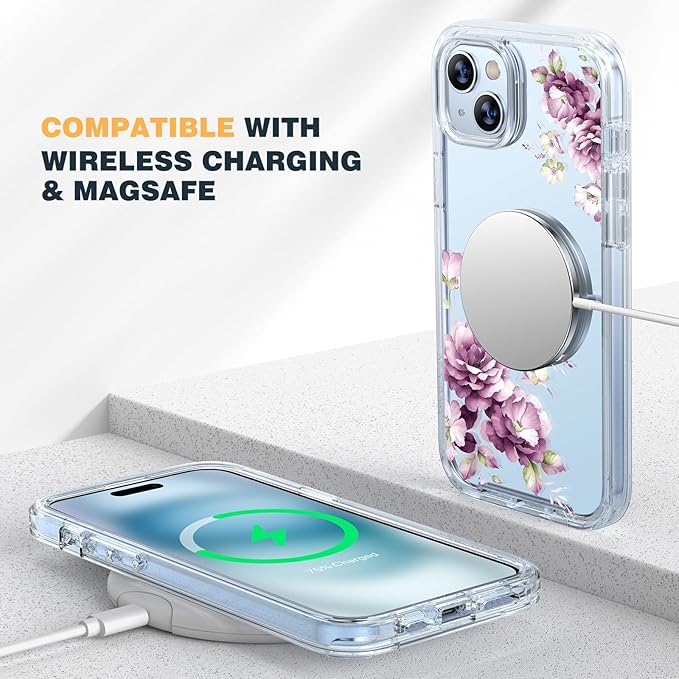 Diaclara Designed for iPhone 15 Plus Phone Case,Full Body Rugged Case with Built-in Screen Protector+9H Tempered Glass Camera Lens Protector (Clear Flower)