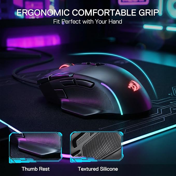 Redragon M925 Wired Gaming Mouse, 24,000 Max DPI Optical Gaming Mouse with 10 Programmable Buttons, Ergonomic Natural Grip Build, Software Supports DIY Keybinds & DPI, Black