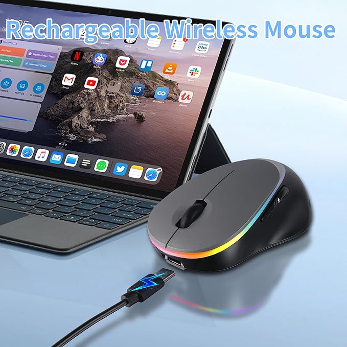 Ergonomic Wireless Bluetooth Mouse Vertical Rechargeable Silent Portable Ergo Mice with RGB Light & 2.4G USB Receiver,Dual Mode,for PC/Laptop/Computer/Desktop/Tablet/MacBook,Office Work Gift-Gray