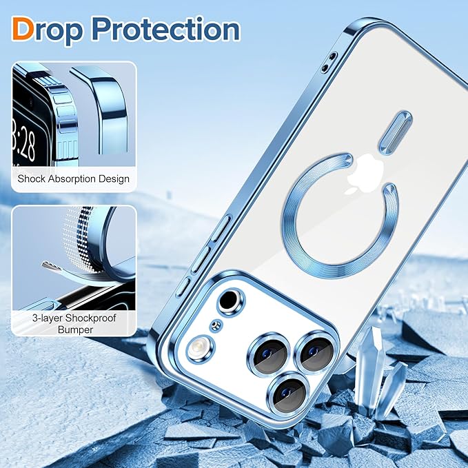 Hython Magnetic Clear for iPhone 17 Pro Case with Camera Lens Protector [Compatible with MagSafe] Luxury Plating Edge Slim Soft TPU Cover Protective Phone Case for iPhone 17 Pro 6.3", Light Blue