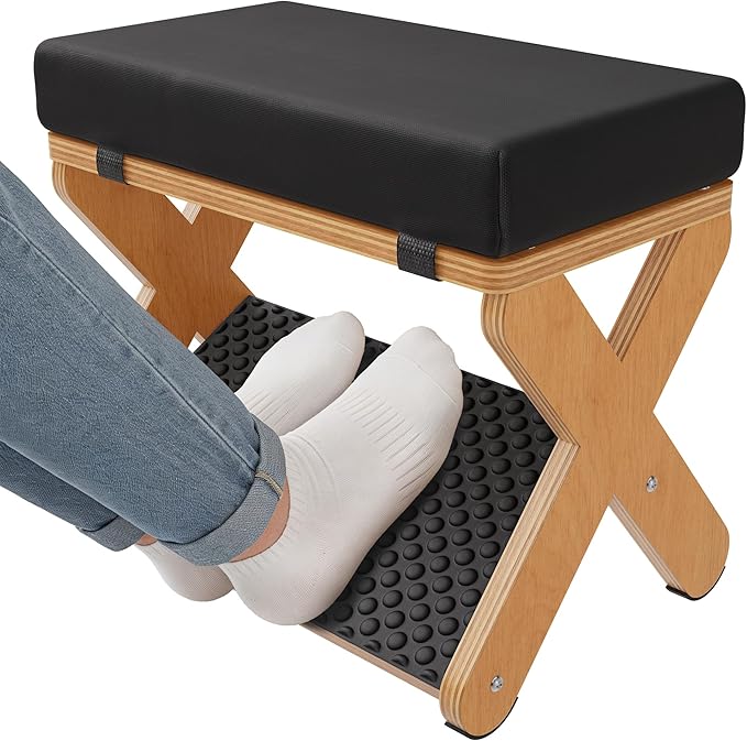 Wood X-Legs Foot Stool Ottoman, Multi-Purpose Small Ottoman with Pebble Massage Surface and Non-Slip Foot Pads，Sturdy Solid Wood Frame Padded Seat Footrest for Office，Living Room & Bedroom
