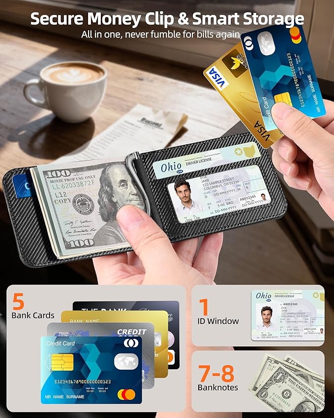 For Magsafe Wallet with Money Clip, Strongest Magnetic Wallet for iPhone 17/16/15/14/13/12 Series, Adjustable Stand, ID Window, 5 Card Holder, Vegan Leather, Not for 13/12 Mini, Black Carbon Fiber