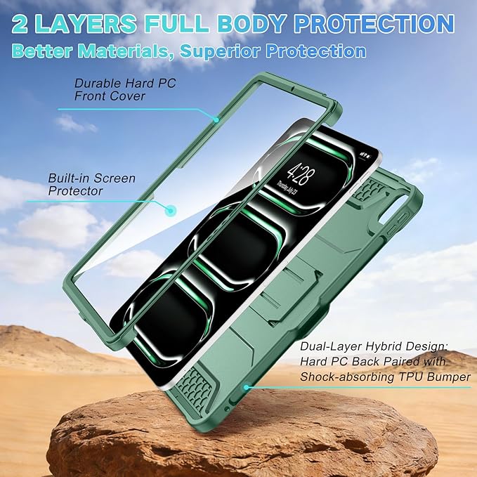 Soke Case for iPad Pro 11 Inch (M5) 2025/ (M4) 2024, with Built-in Screen Protector & Kickstand, Rugged Full Body Heavy Duty Protective Cover with Pencil Holder - Midnight Green