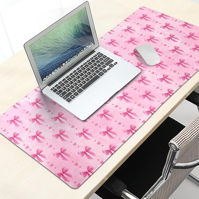 Pink Bows Mouse Pad Extended Large 35.4x15.7in Coquette Kawaii Desk Mat Preppy Trendy Computer Large Mousepad Non-Slip Rubber Base Stitched Edge Gaming Mousepad PC Computer Desk Pad for Work Desktop