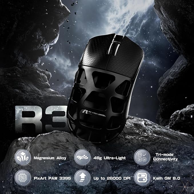 ATTACK SHARK R3 46g Superlight Magnesium Alloy Wireless Gaming Mouse, BT/2.4G/Wired Computer Mouse, 8KHz Polling Rate, PAW3395 26K DPI Sensor Programmable Mice Griptape for PC/Laptop/Mac (Black)