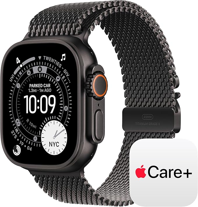 Apple Watch Ultra 3 [GPS + Cellular 49mm] Running & Multisport Smartwatch w/ Rugged Titanium Case w/ Black Titanium Milanese Loop - L w/ AppleCare+ (2 years)