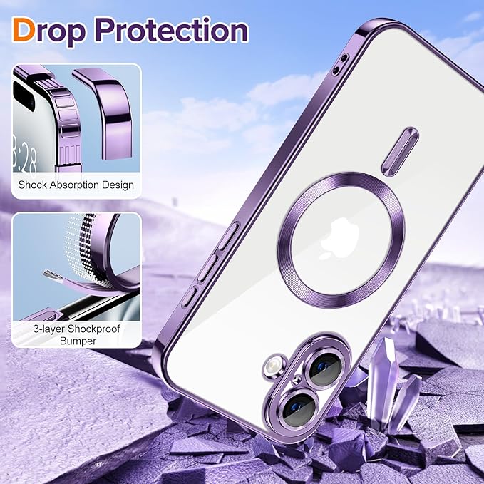 Hython Magnetic Clear for iPhone 16 Plus Case with Camera Lens Protector [Compatible with MagSafe] Luxury Plating Edge Slim Soft TPU Cover Protective Phone Case for iPhone 16 Plus 6.7", Deep Purple
