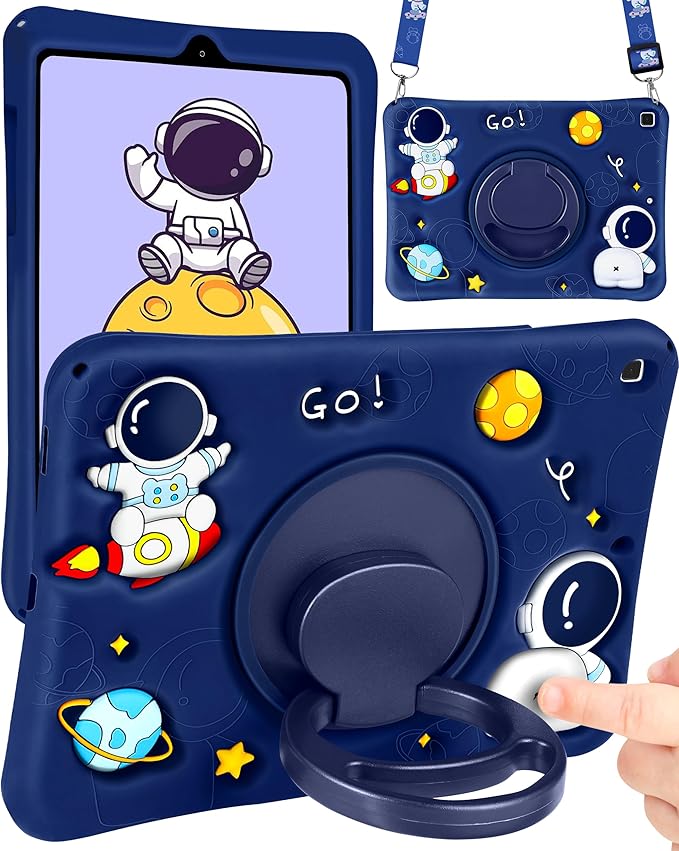Wazzasoft for Samsung Galaxy Tab S6 Lite 10.4” Case Boys Cute Astronaut Cover Kawaii 3D Cartoon Spacemen Fun with Rotating Handle Stand + Strap Soft Silicone Funda for Samsung S6 Lite Tablet Cases