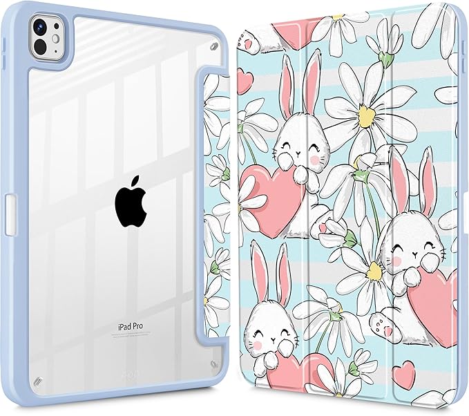 May Chen Case for iPad Pro 11-Inch M5/M4 2025/2024 (6th/5th Generation), [Penceil Holder] Trifold Stand Auto Wake/Sleep Clear TPU Protection Back Cover, Heart Rabbits