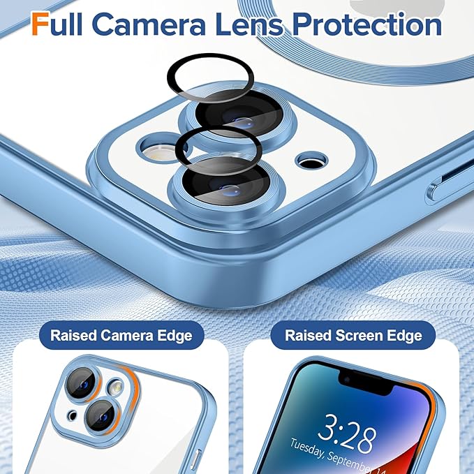Hython Magnetic Clear for iPhone 14 Case with Camera Lens Protector [Compatible with MagSafe] Luxury Plating Edge Slim Soft TPU Cover Protective Phone Case for iPhone 14 6.1", Matte Light Blue