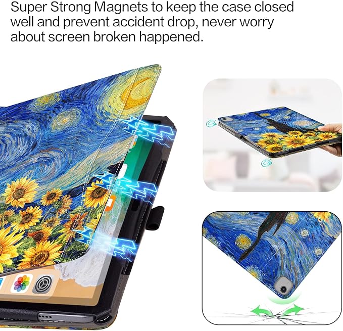 for iPad Air 13 inch Case (M4/M3/M2), iPad Pro 12.9 Case, iPad Pro 13-Inch Case (M5/M4) Shockproof Pencil Holder Adjustable Stand/Pocket/Magnetic Closure/Auto Wake Sleep Starry Night Sunflowers