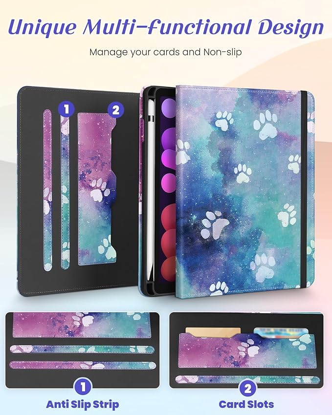 Kidcube for iPad Mini 7 Case A17 Pro 2024, for iPad Mini 6th Generation Case 8.3 Inch - Women Girls Cute Rotating Stand Folio Cover with Pencil Holder & Card Slot Kawaii Cartoon Cool Dogs Design Cover