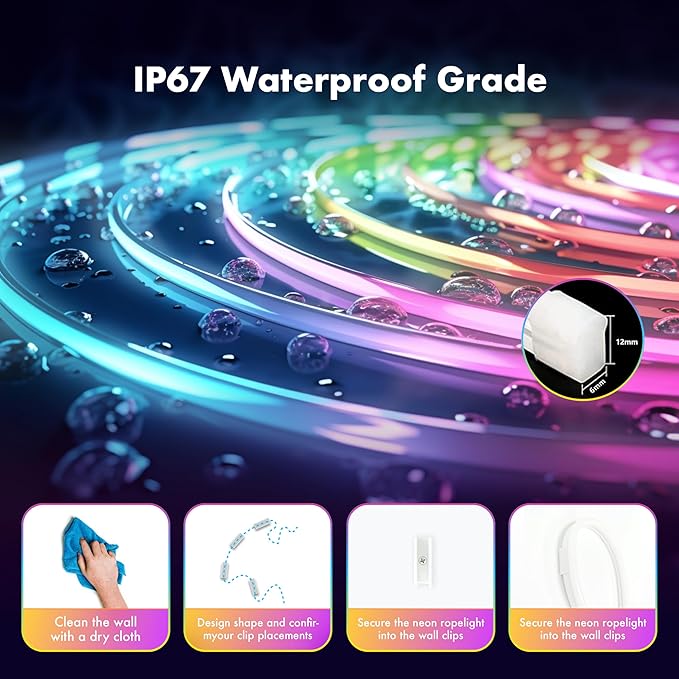 LED neon Lights,50FT RGB Neon Rope Lights,with Remote Control/APP Control,Music Sync,Timer Function,IP67 Waterproof Flexible Neon Strip Lights,for Bedroom Gaming Outdoors Decor