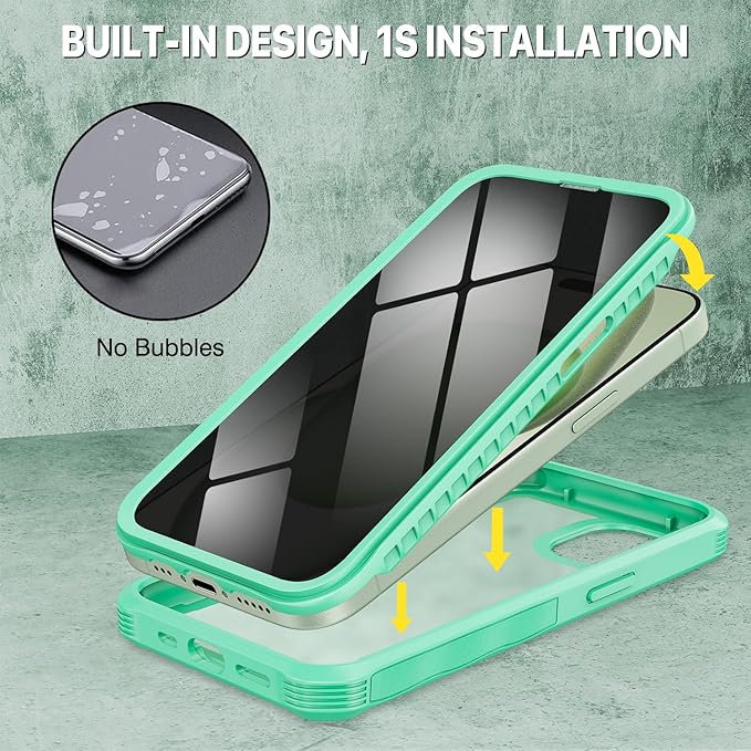CENHUFO Privacy for iPhone 15 Plus Case, Full Body Phone Case with Built-in 9H Tempered Glass Privacy Screen Protector and Camera Lens Protector, Anti Peep Spy Shockproof Bumper Clear Cover -Green