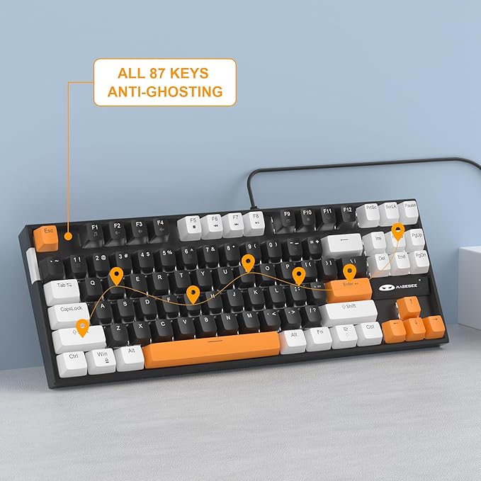 MageGee 75% Mechanical Gaming Keyboard, Brown Switch, LED White Backlit, 87 Keys Compact TKL Wired Computer Keyboards for Windows Laptop PC Gamer - Black/White