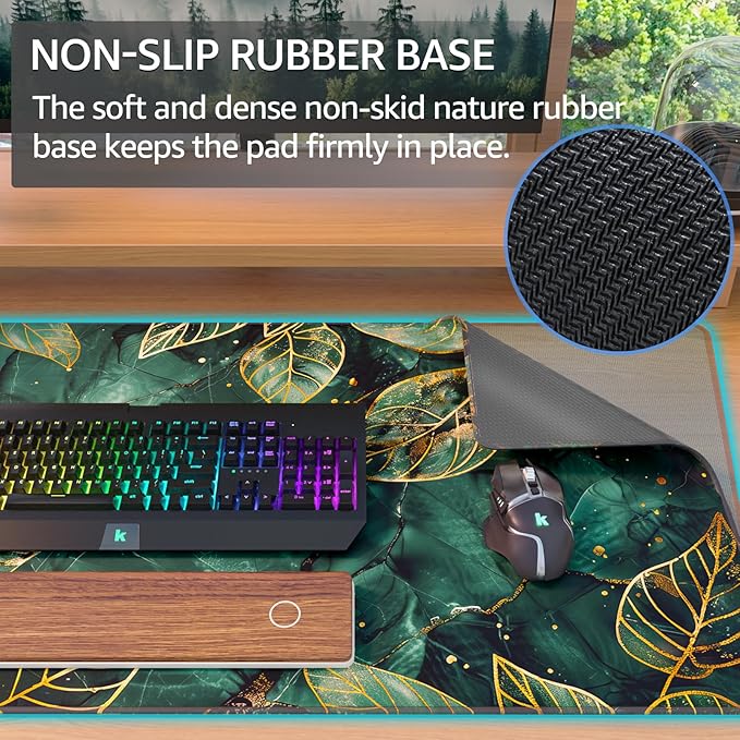 KTRIO Large Gaming Mouse Pad Desk Mat, Superior Micro-Weave Cloth, Non-Slip Rubber Base, Stitched Edges, Water-Resistant, for Gamer, Office & Home, 31.5 x 15.7 Inch，Green Leaves