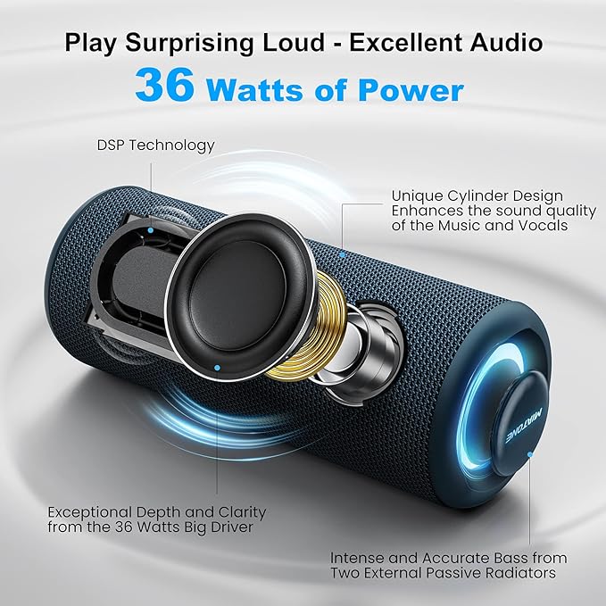 MIATONE Bluetooth Speakers 36W TWS Portable Speaker with Stereo Sound Bass, Bluetooth 5.3 Wireless USB Type C Outdoor, 5000mAh 24H Playtime IPX7 for Present, Boy Friend Gifts for him (Blue)