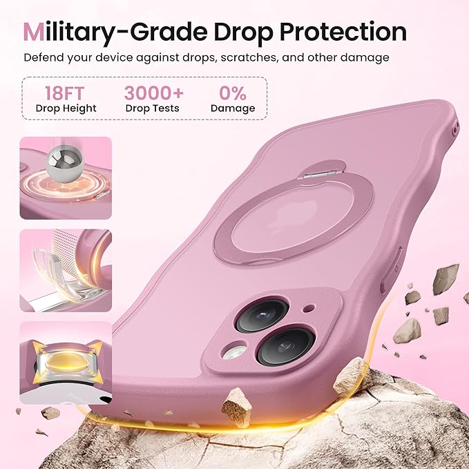 CAPRARO for iPhone 15 Case with 360° Spin Magnetic Stand for Women, [Compatible with MagSafe] [Full Camera Protection] Cute Wave Translucent Matte Case for iPhone 15, Black Currant