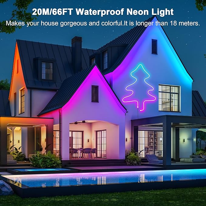 Cozylady 66Ft (33Ft * 2 Rolls) RGB LED Neon Rope Lights for Bedroom, 20m LED Strip Lamp with Double Sided Adhesive Tape, App/Remote Control DIY Lights Decorate The Outdoor and Indoor of Your Home