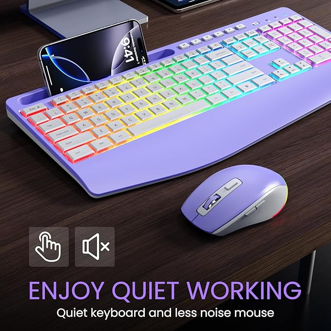Wireless Keyboard and Mouse Combo- VEILZOR 2.4G Rechargeable Keyboard with Phone Holder, Ergonomic Wrist Rest, 9 RGB Backlit Effects, Silent Keyboard Mouse Set for Windows, Laptop, PC
