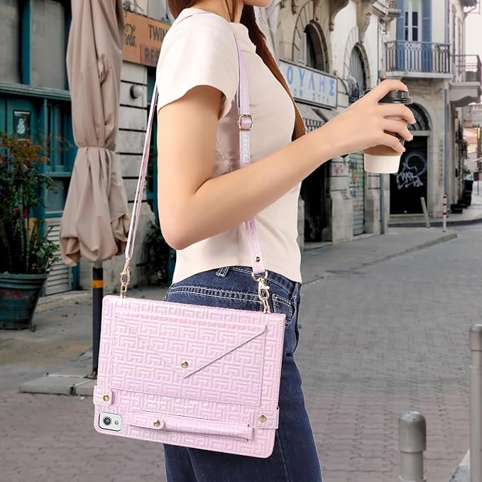 Shiny Case for iPad 9th 8th 7th Gen 10.2"/iPad Air 2019/iPad Pro 10.5, Techcircle Crossbody Iridescent Folio Stand Wallet Case with Pencil Holder+Card Slots+Hand Strap+Shoulder Strap, Shiny Lilac