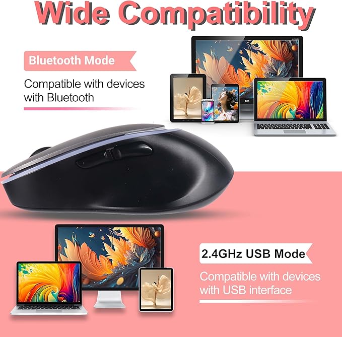 Ergonomic Vertical Mouse Wireless Bluetooth Rechargeable Silent Portable Ergo Mice with RGB LED Light & 2.4G USB Receiver, for PC Laptop Tablet Computer, Office Home, Adult Student Kids Gift-Grey
