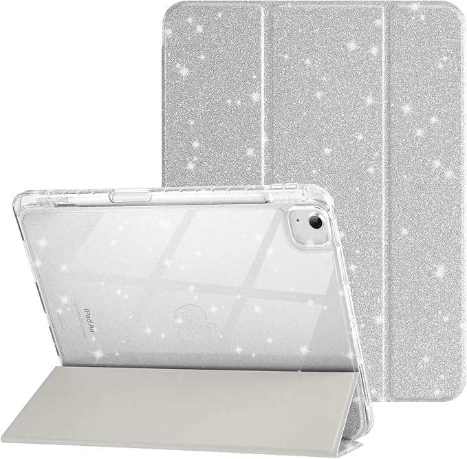 Case for iPad Air 13 Inch (M4/M3/M2, 2026/2025/2024) & iPad Pro 12.9 6/5th Gen (2022/2021), Glittering Sparkly Cover with Shiny Clear Back Shell, Trifold Stand Case with Pencil Holder, Silver