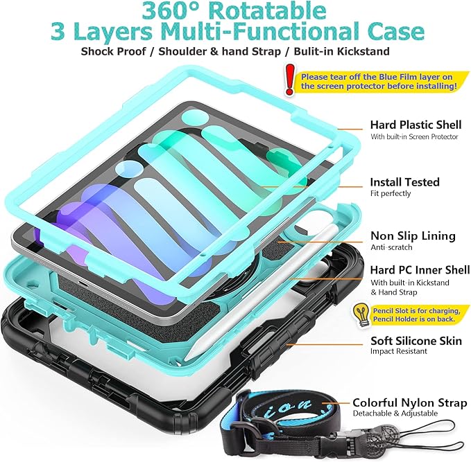 SEYMAC stock Case for iPad Mini 7 (A17 Pro)2024/ Mini 6 8.3'' with Screen Protector Pencil Holder [360 Rotating Hand Strap] &Stand, Drop-Proof Case for iPad Mini 7th/6th Generation 8.3", SkyBlue+Black