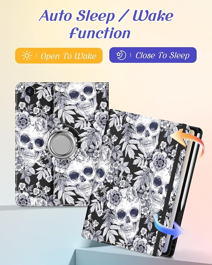 Kidcube for Samsung Galaxy Tab A9 Plus Case 11 Inch - for Women Girls Cute Rotating Stand Folio Cover with Pencil Holder & Card Slot Flowers Goth Skull Unique Design for Samsung A9 Plus Tablet Cases