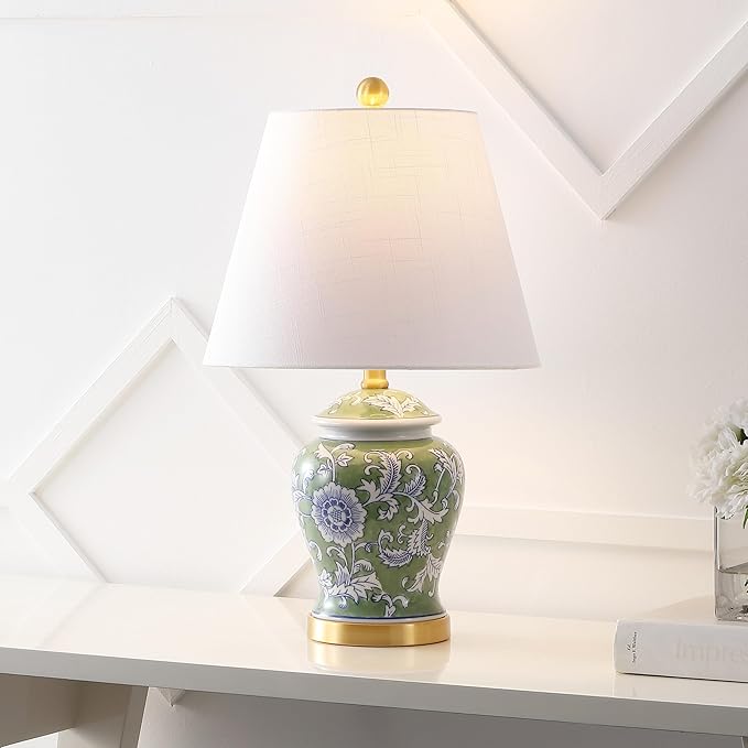 JONATHAN Y 22" Green/White Ceramic Table Lamp, French Country Chinoiserie Ginger Jar LED Bedside Lamp for Living Room Bedroom, White Linen Shade (JYL3005E)
