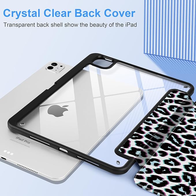 TWOLSKOO Case for iPad Pro 11-inch (M5 2025 / M4 2024), Clear Acrylic Back with TPU Bumper, Pencil Holder, Trifold Stand, Auto Sleep/Wake, Black Leopard