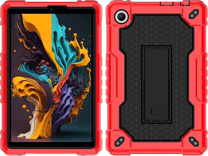 Case for for AT&T Amigo Jr. Tab 8 inch Tablet 9136K - [Built-in Kickstand] Anti Slip Kids Friendly Shockproof Silicone Protective Cover (Red/Black+2 PCS Glass)