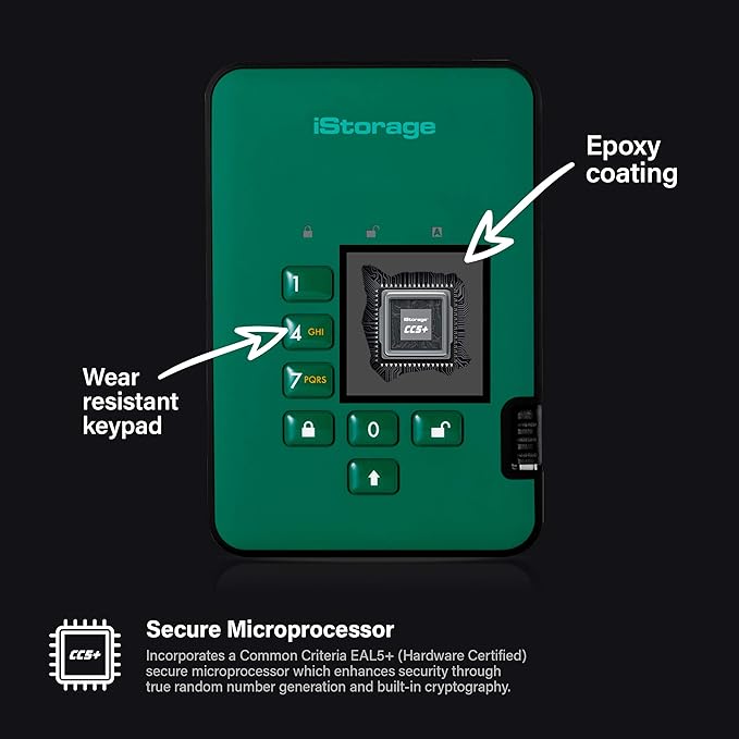 iStorage diskAshur2 HDD 3TB Green | Secure portable hard drive | Password protected | Dust & water resistant | Hardware Encryption