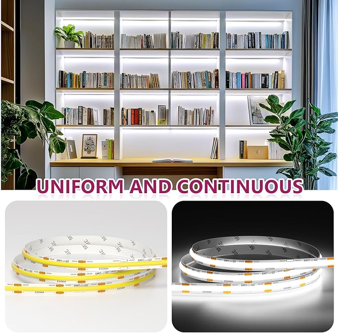 EMITEVER COB LED Strip Lights White, 5000K Tape Light Premium High Density, DC 24V, 360+Lumens/ft, 2560LEDs/Spool, Ra 90+, 16.4ft/5m, UL Listed 5 Year After-Service (Power Supply Sold Separately)