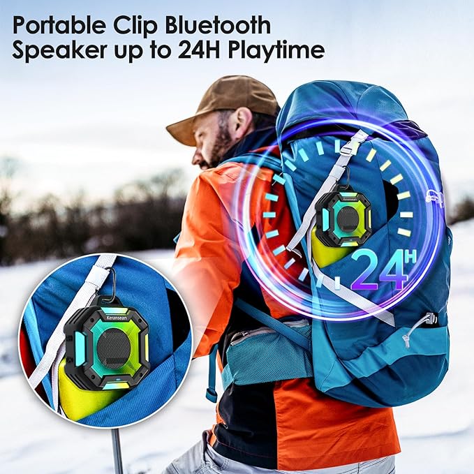 Shower Speaker Bluetooth 5.4, IPX7 Waterproof Portable Bluetooth Speakers with LED Lights, 24H Playtime, TWS Pairing for Dual Stereo Sound, Detachable carabiner for Outdoor Pool Beach Gift -Black