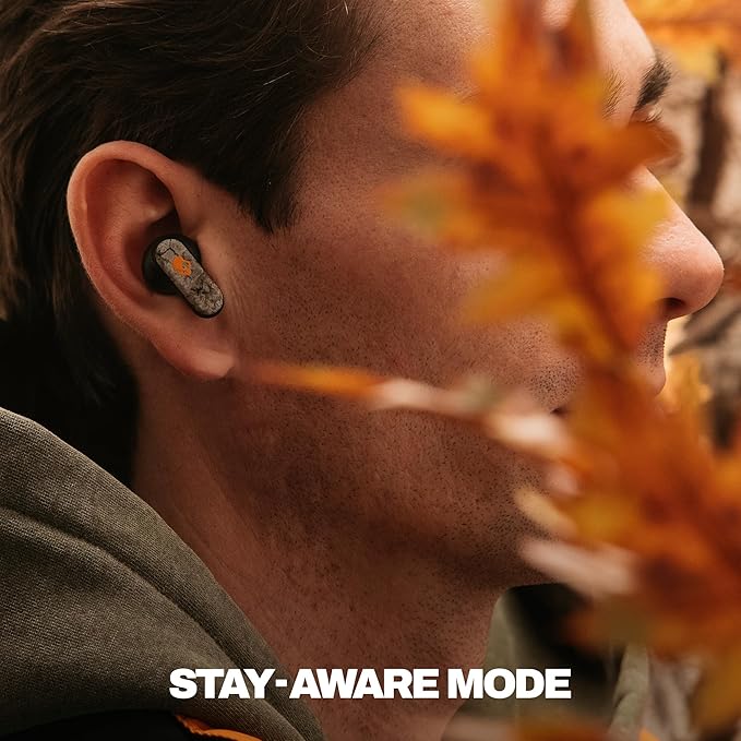 Skullcandy Dime Evo Wireless Earbuds, Bluetooth Headphones, Noise Isolating Fit, Up to 36 Hours Battery, Microphone, Easy Carry with Clip-Anywhere Case - Realtree APX Black/Orange