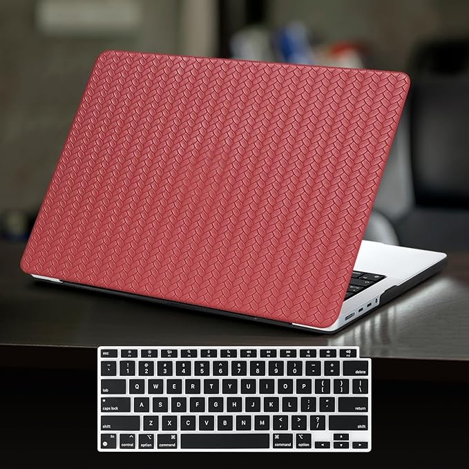 DTangLsm for MacBook Pro 14 inch Case 2026 M5, 2025-2021 M4 M3 M2 M1 A3427 A3426 A3434 A3401 A3185 A3112 A2992 A2918 A2779 A2442, Woven Textured Leather Hard Logo Cutout Case+Keyboard Cover, Burgandy