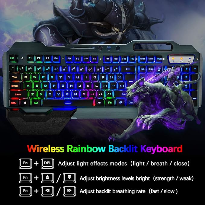 Wireless Gaming Keyboard and Mouse,Rainbow Backlit Rechargeable Keyboard Mouse with 3800mAh Battery Metal Panel,Removable Hand Rest Mechanical Feel Keyboard and 7 Color Gaming Mute Mice for PC Gamers