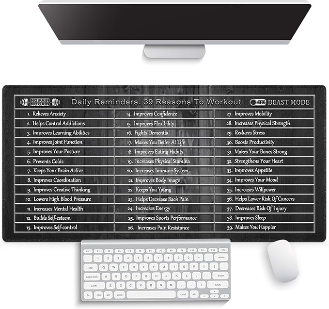 Large Gaming Mouse Pad (31.5" x 15.8") - Inspirational Fitness Quotes Workout Motivational Exercise Words Rustic Black Wood Grain, Extra XXL Office Decor, Premium Stitched Anti-Slip Desk Mat