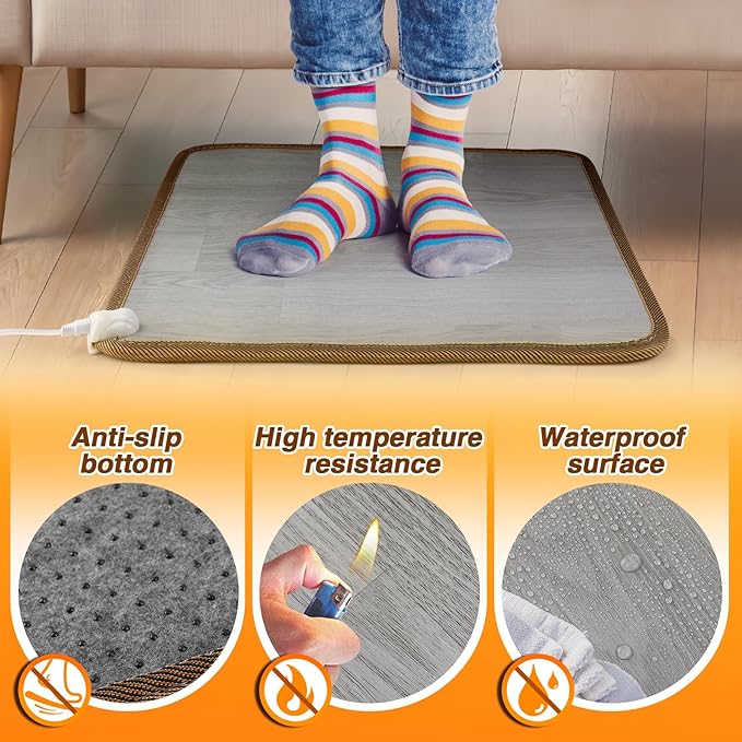 Heated Floor Mat - Foot Warmer Under Desk, 19.7x21.7in Heated Feet Rest for Home Office Desk, Winter 110V Electric Heating Pad with 3 Timers & 10 Adjustable Temperature