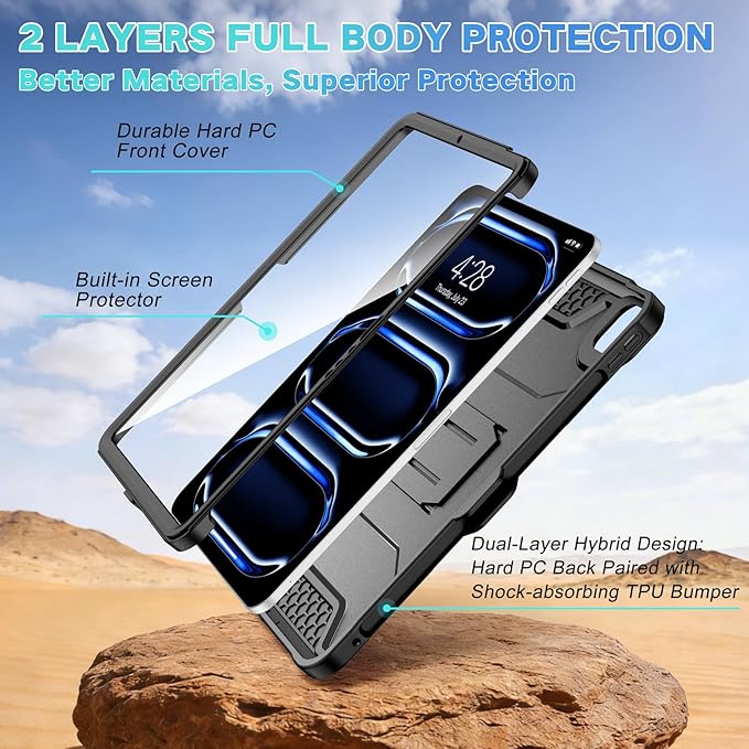 Soke Case for iPad Pro 11 Inch (M5) 2025/ (M4) 2024, with Built-in Screen Protector & Kickstand, Rugged Full Body Heavy Duty Protective Cover with Pencil Holder - Black