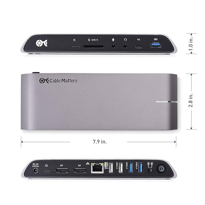 Cable Matters USB C Dock for Windows - Dual 4K DisplayPort, 80W Charging, SD Card Slot, 10Gbps USBA/USBC Port, Gigabit Ethernet - Thunderbolt 4 / USB4 Compatible USB C Docking Station