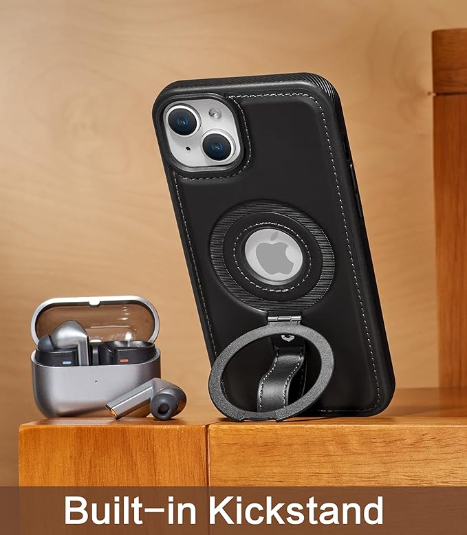 Butaiga for iPhone 15 Leather Case with Stand, Anti-Slip Grip Ring, Fits for MagSafe (Black, iPhone 15)